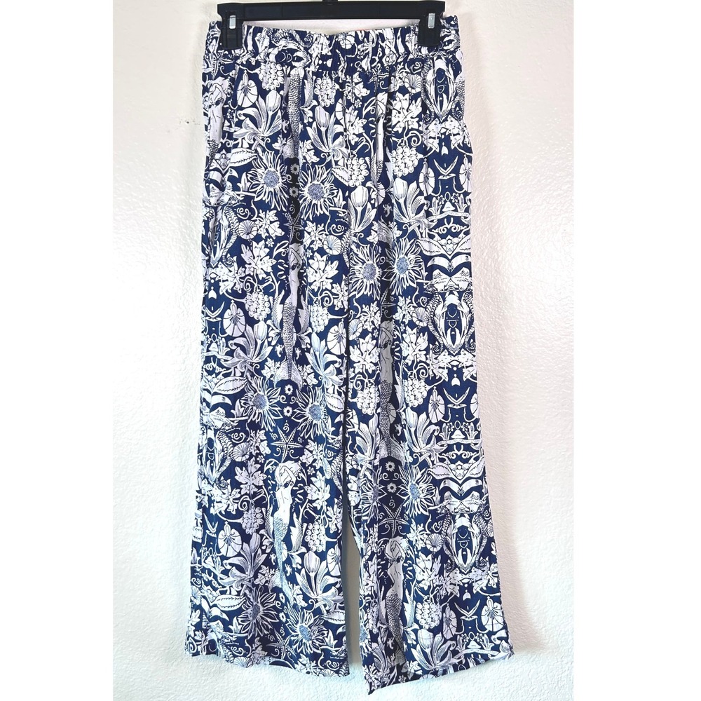Panama Jack Boho Coastal Navy White Mermaid Floral Linen Blend Wide Leg Pants XS